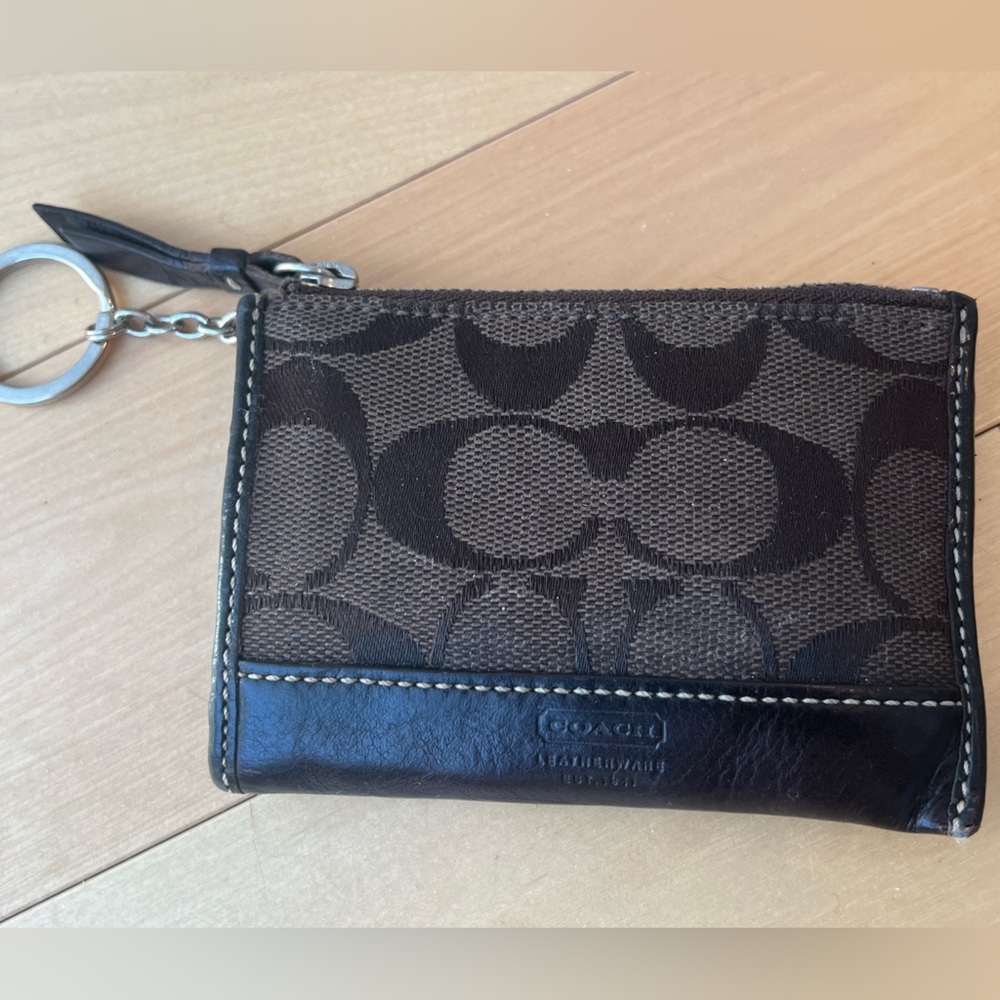 Coach Key Case Brown Signature Textile Leather ID Wallet